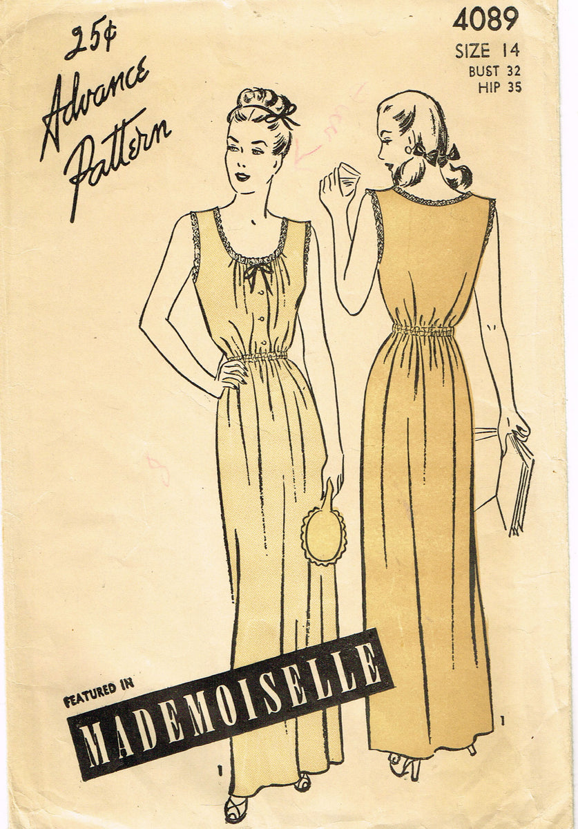 Simplicity Pattern 4089 1940s Vintage Advance Sewing Pattern 4089 Easy Misses Nightgown 32 B ...
