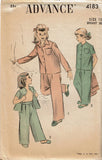 1940s Vintage Advance Sewing Pattern 4183 Little Girls Two Piece Pajamas Size 12