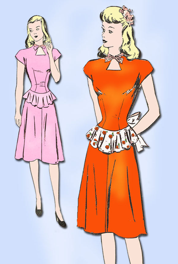 1940s Vintage Advance Sewing Pattern 4243 Misses WWII Peplum Dress Size 29 Bust