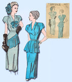 1940s Vintage Advance Sewing Pattern 4575 Misses Peplum Dinner Dress Sz 34 Bust -Vintage4me2