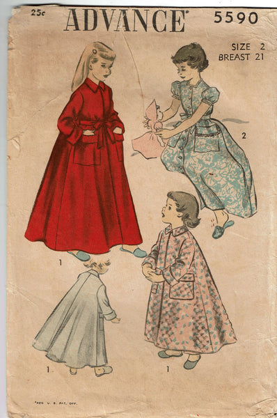 1950s Vintage Advance Sewing Pattern 5590 Toddler Girls Flared Housecoat Size 2