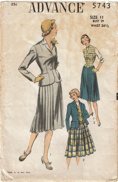 Advance 5743: 1950s Petite Misses 3 Piece Suit Sz 29 B Vintage Sewing Pattern