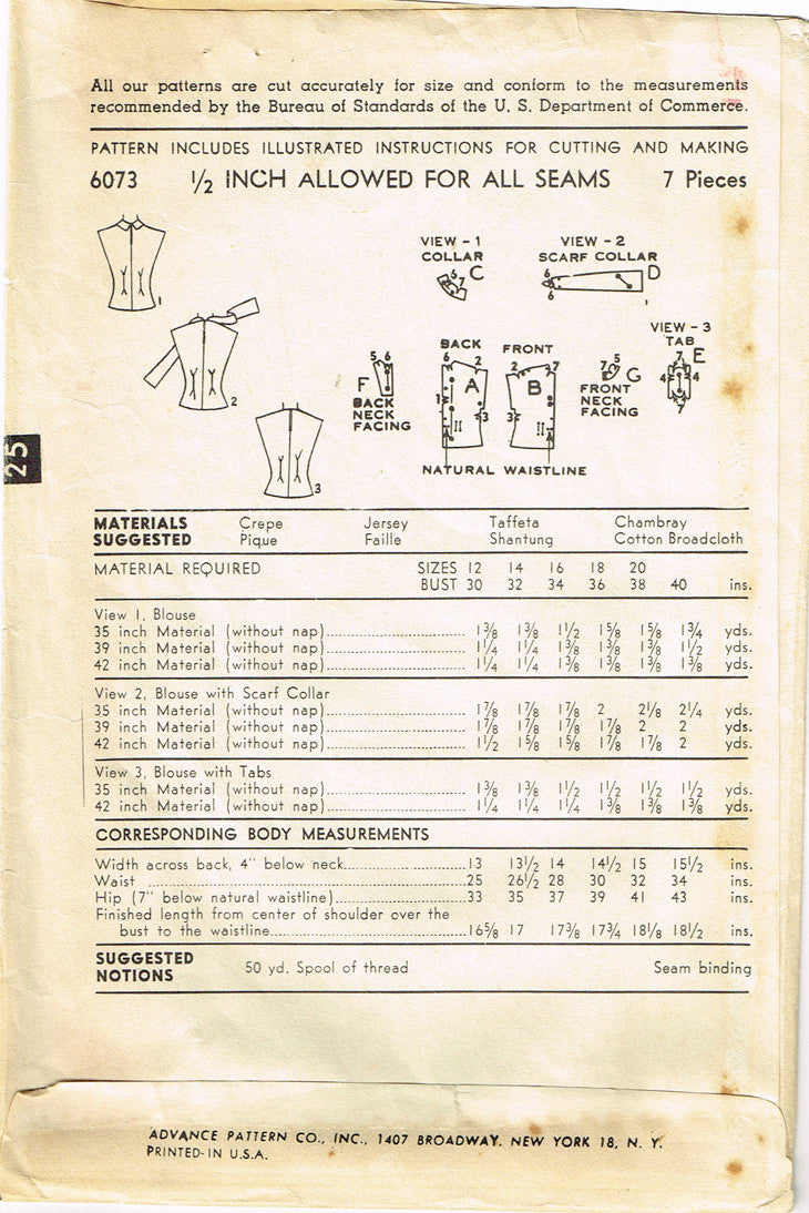 1950s Vintage Advance Sewing Pattern 6073 Cute Sew Easy Misses Blouse ...