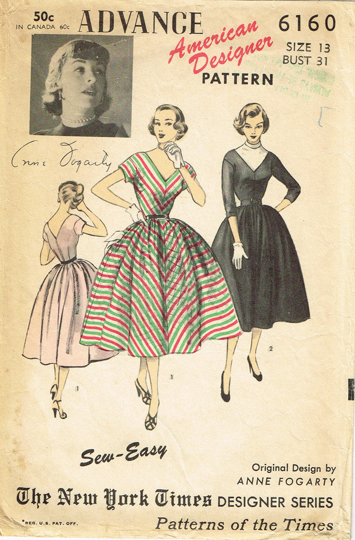 1950s Vintage Advance Sewing Pattern 6160 Designer Anne Fogarty Dress –  Vintage4me2