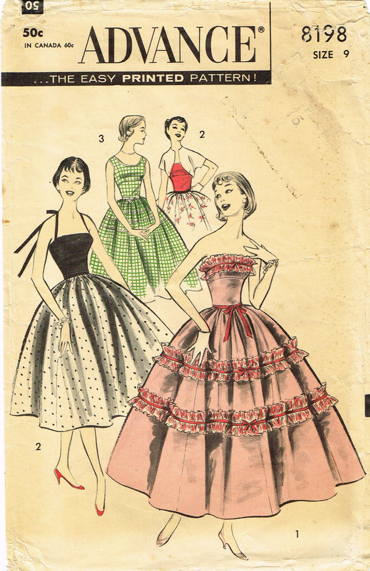 1950s Vintage Advance Sewing Pattern 8198 Junior Misses Prom Dress Siz –  Vintage4me2