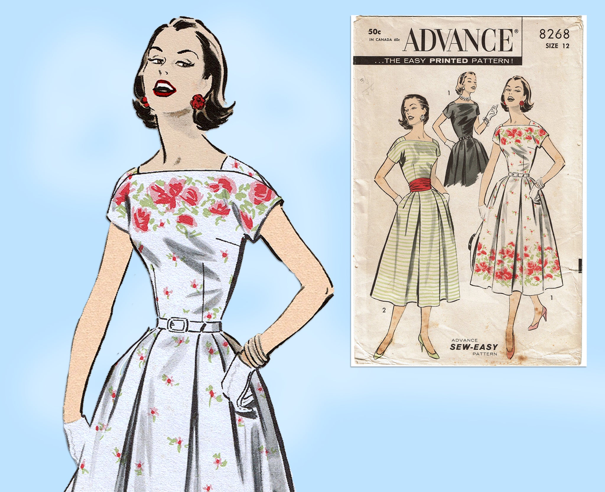 1950s Vintage Advance Sewing Pattern 8268 Misses Border Print Dress Si – Vintage4me2 1950s Vintage Advance Sewing Pattern 8268 Misses Border Print Dress Si – Vintage4me2