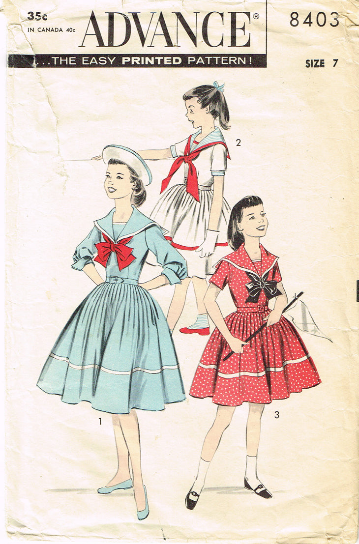 1950s Vintage Advance Sewing Pattern 8403 Girls Sailor Dress