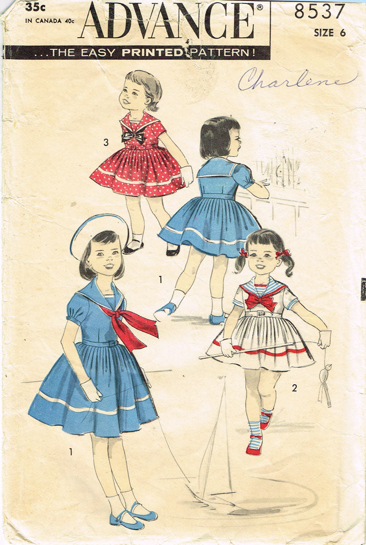 1950s Vintage Advance Sewing Pattern 8537 Toddler Girls Sailor