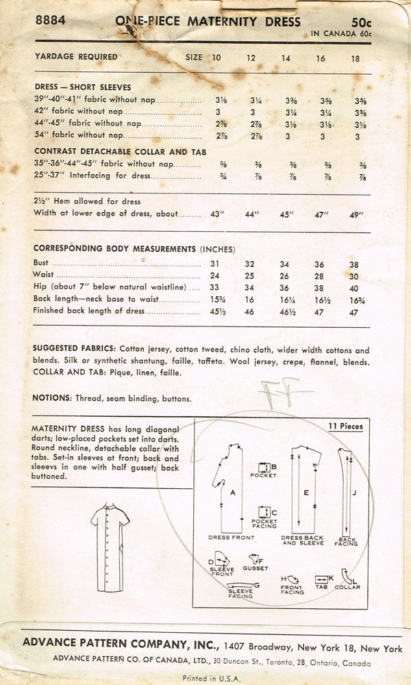 1950s Vintage Advance Sewing Pattern 8884 Uncut MIsses Maternity Dress ...