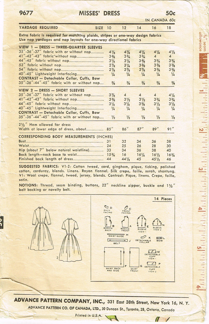 1950s Vintage Advance Sewing Pattern 9677 Misses Rockabilly Dress 34B ...