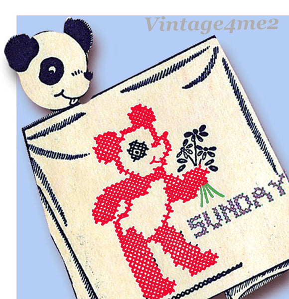 1950s Vintage Aunt Martha's Embroidery Transfer 9201 Uncut Panda DOW Tea Towels