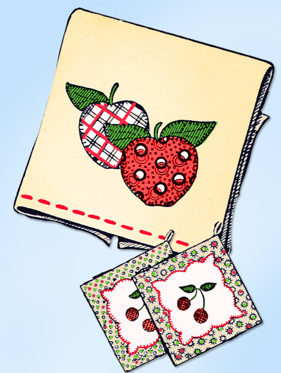 1950s Vintage Aunt Martha's Embroidery Transfer 9343 Uncut Applique Fruit Tea Towels - Vintage4me2