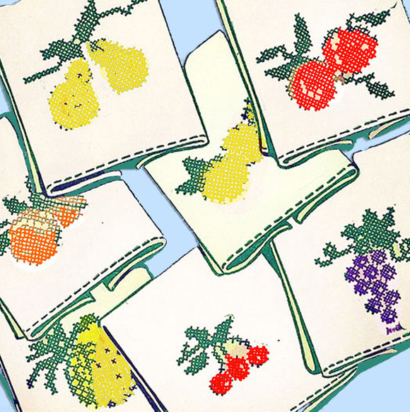 1950s VTG Aunt Martha's Embroidery Transfer 9360 Uncut X-Stitch Fruit Tea Towels