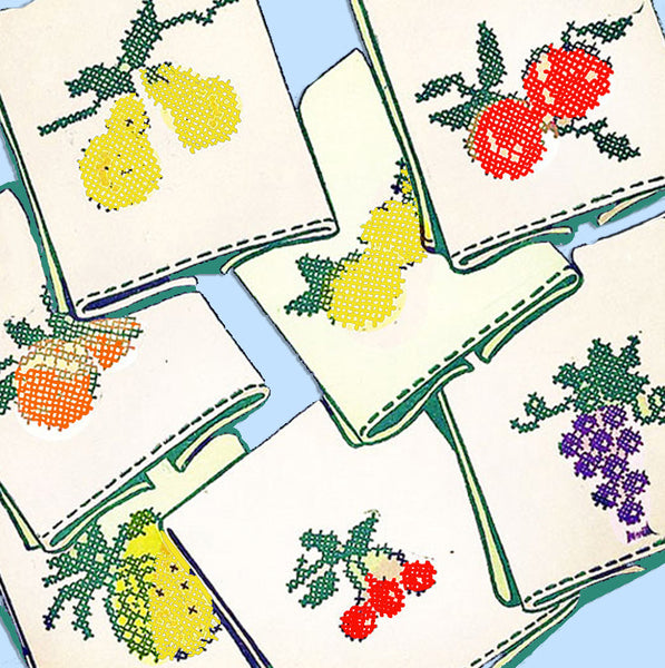 1950s VTG Aunt Martha's Embroidery Transfer 9360 Uncut X-Stitch Fruit Tea Towels
