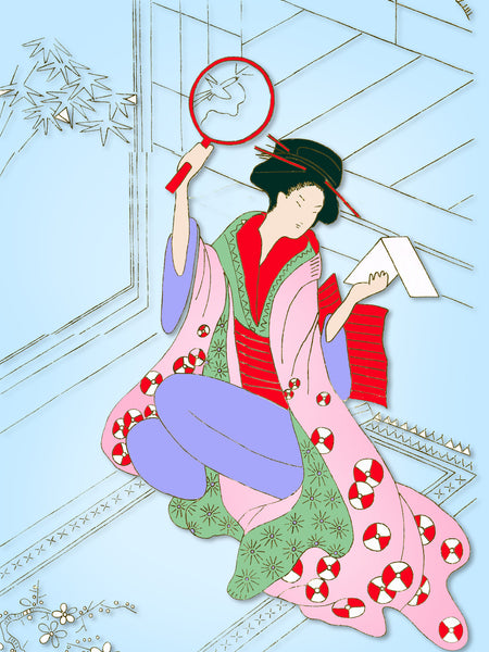 1920s Anchor Embroidery Transfer Uncut 13 x 30 Inch Asian Lady Framed Picture - Vintage4me2