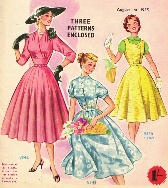 1950s Australian Home Journal Magazine & 3 Dress Patterns Aug 1955 Size 36 B