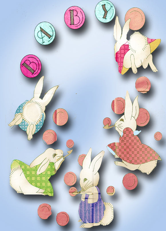 1930s Vintage Betty Burton Embroidery Transfer 13 Uncut Bunny Crib Quilt Motifs