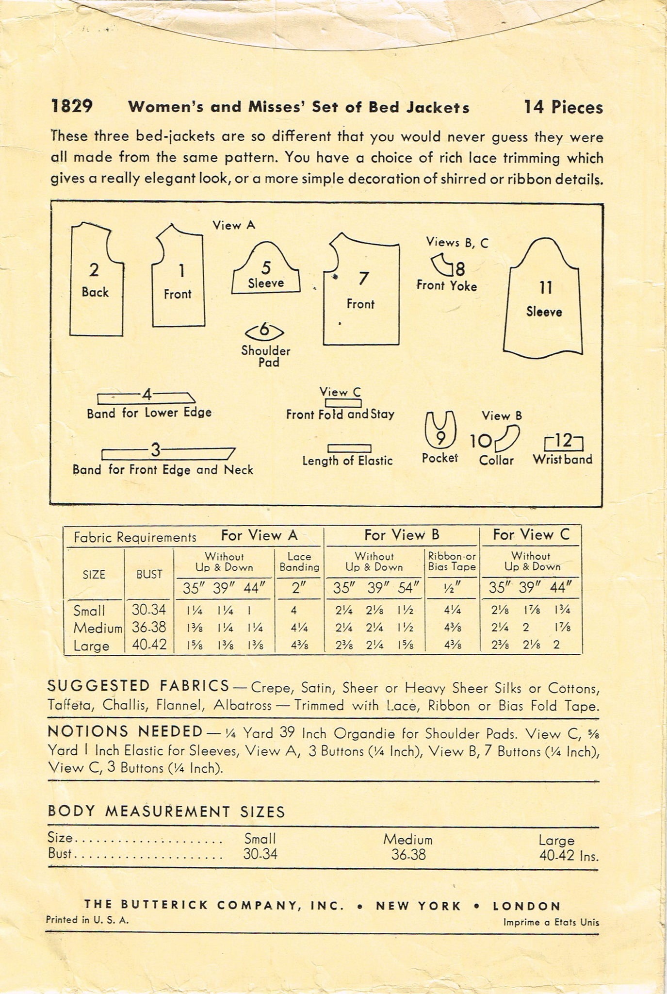 Pattern V1829 Butterick 1829: 1940s Misses Uncut Bedjacket Set Size Med Vintage Sewi ...