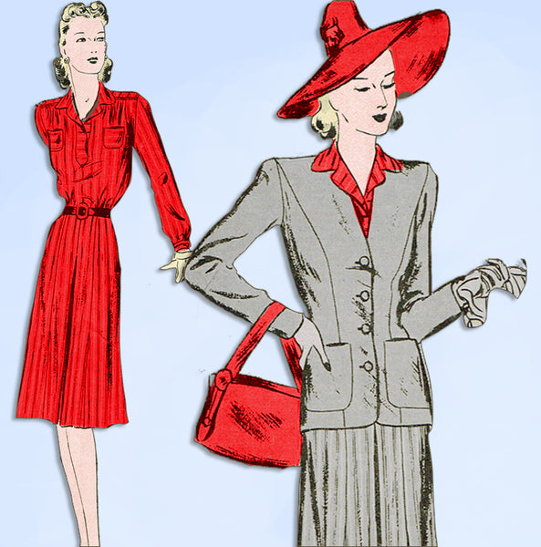 1940s Original Vintage Butterick Pattern 1841 Misses WWII Dress & Jacket Sz 30 B