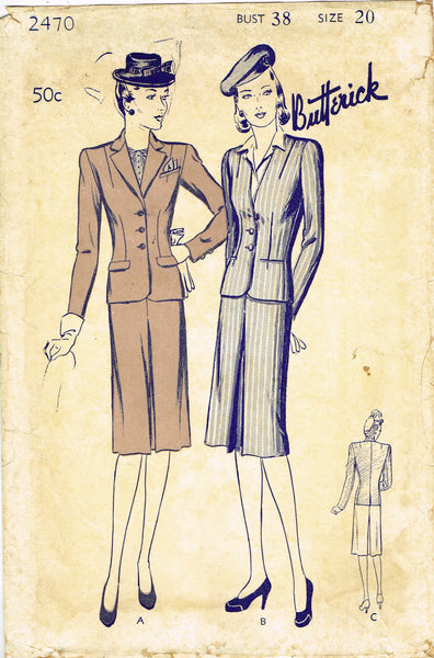 Butterick 2470: 1940s Lovely Misses WWII Suit Sz 38 Bust Vintage Sewing Pattern