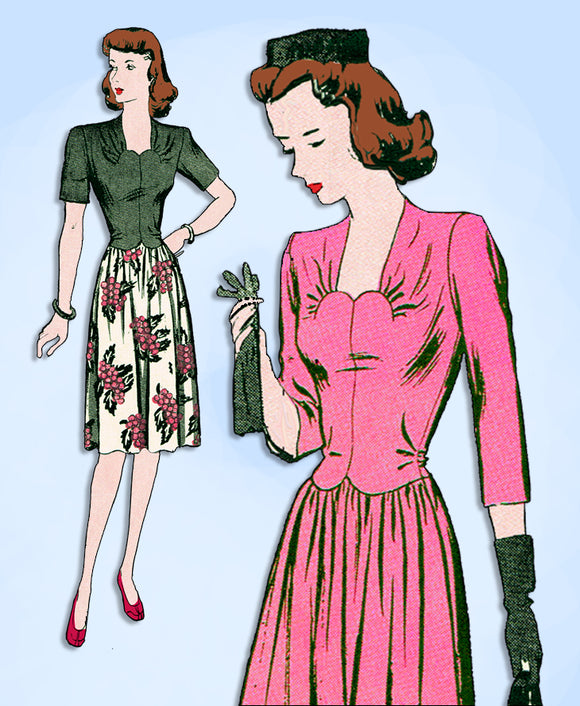1940s Original Vintage Butterick Pattern 2505 WWII Misses Sweetheart Dress 33 B