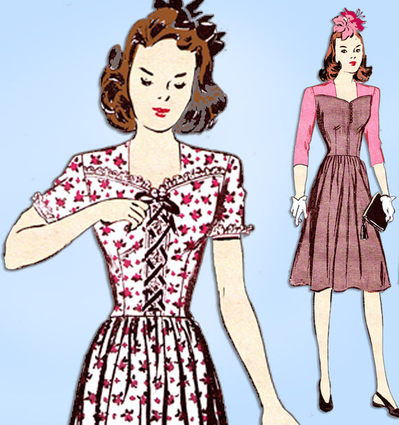 1940s Vintage Butterick Sewing Pattern 2589 Uncut WWII Dress w Laced Bodice 33B