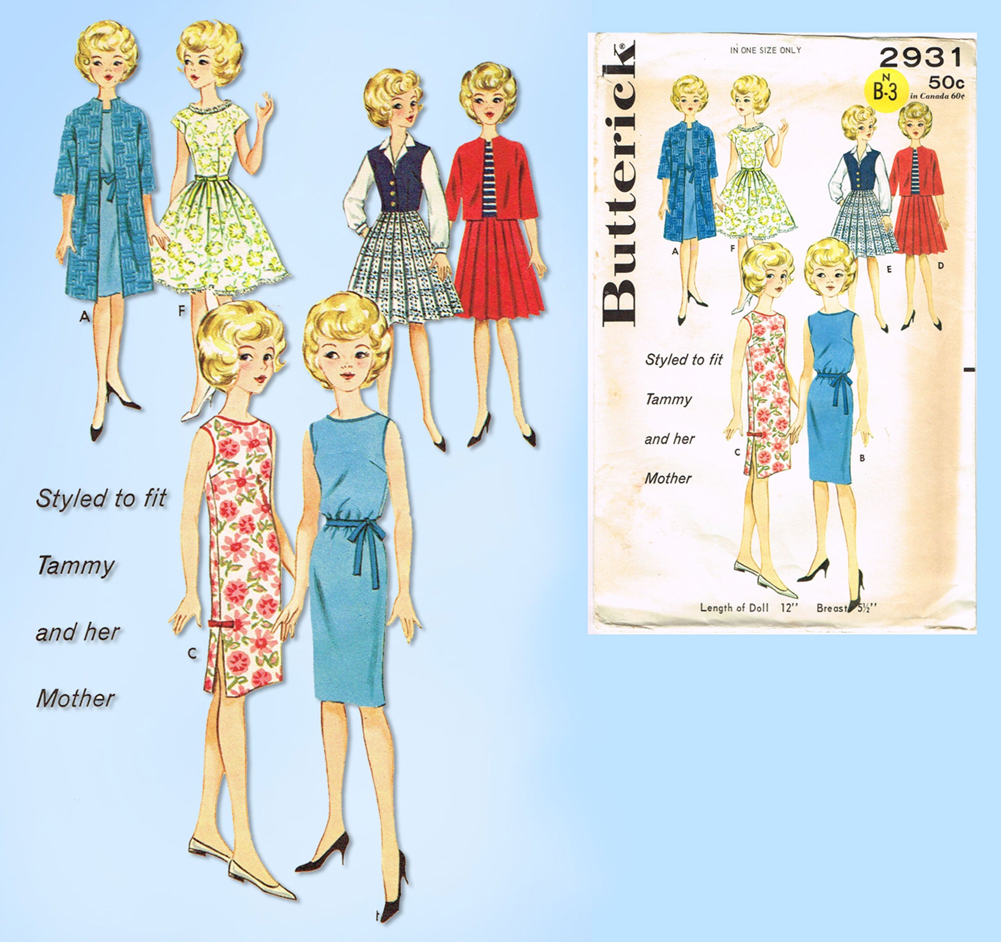 1960s Vintage Butterick Pattern 2931 12in Tammy & Mother Doll Clothes ...