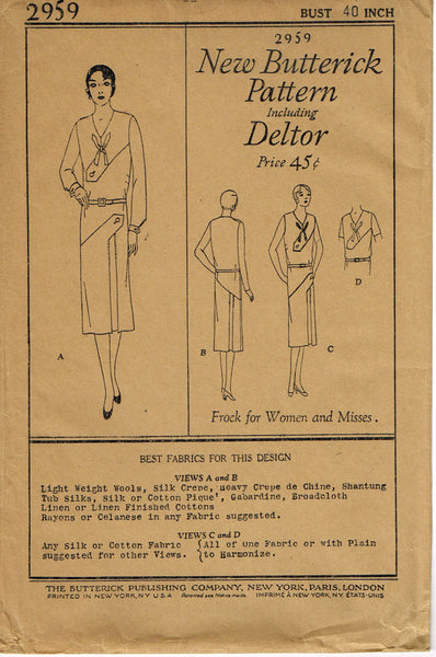 Butterick 2959: 1920s Rare Uncut Misses Dress Sz 40 Bust Vintage Sewing Pattern