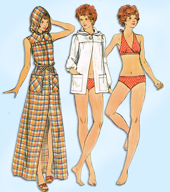 1960s Vintage Butterick Sewing Pattern 3161 Uncut Bikini & Hooded Robe Size 32 B