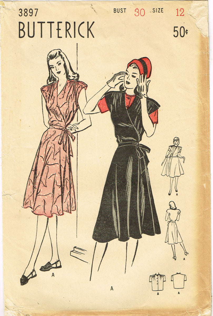 Butterick 3897: 1940s Charming Misses Wrap Dress Sz 30 B Vintage Sewin ...