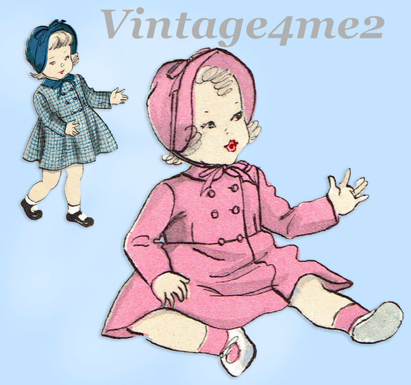 Butterick 4786: 1940s Cute Baby Girls Coat & Bonnet Sz 1 Vintage Sewing Pattern