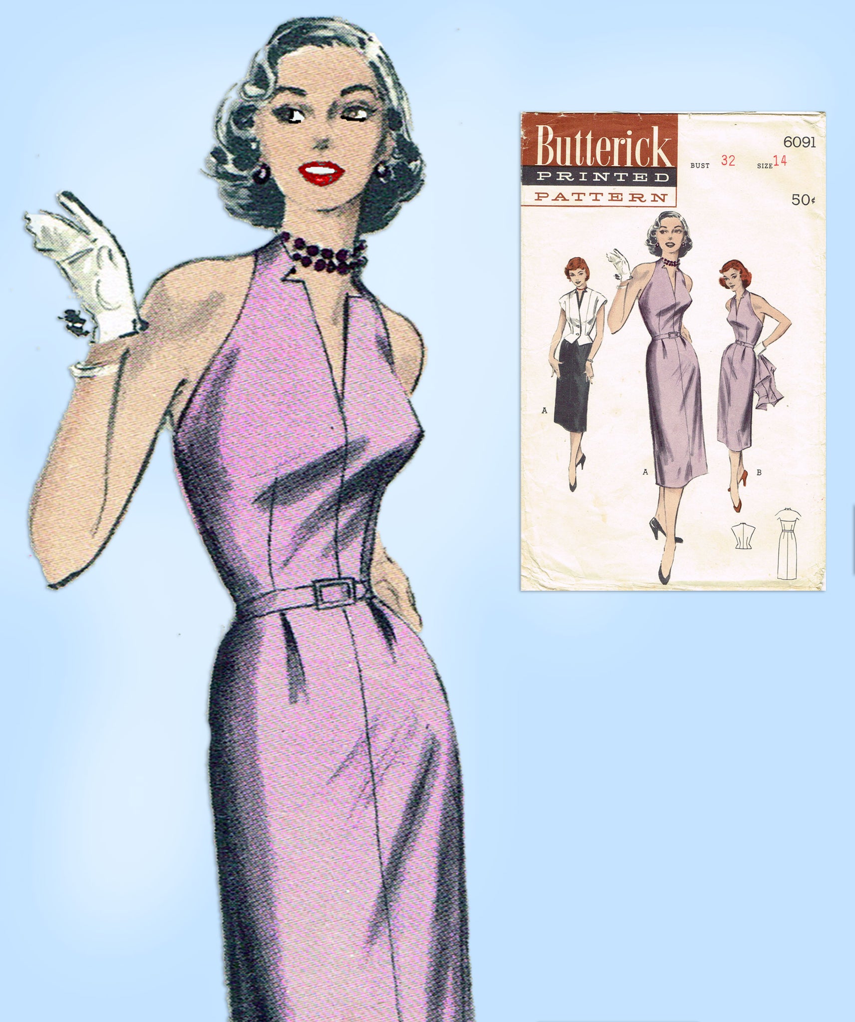 Butterick 6091: 1950s Misses Halter Dress 32 B Vintage Sewing Pattern Vintage4me2 Butterick 6091: 1950s Misses Halter Dress 32 B Vintage Sewing Pattern Vintage4me2