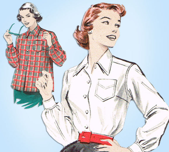 1950s Vintage Butterick Sewing Pattern 6224 Uncut Misses Boyfriend Blouse Sz 34B - Vintage4me2