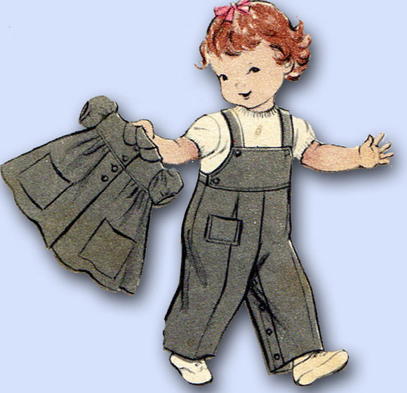 1950s Vintage Butterick Sewing Pattern 6282 Baby Girls Smock & Overalls Size 1