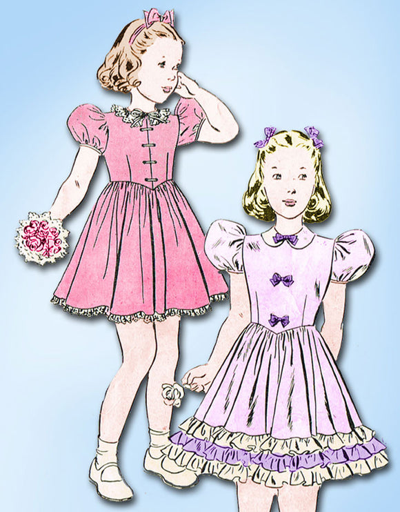 1940s Vintage Butterick Sewing Pattern 6480 Little Girls Ruffled Party Dress Sz7 - Vintage4me2