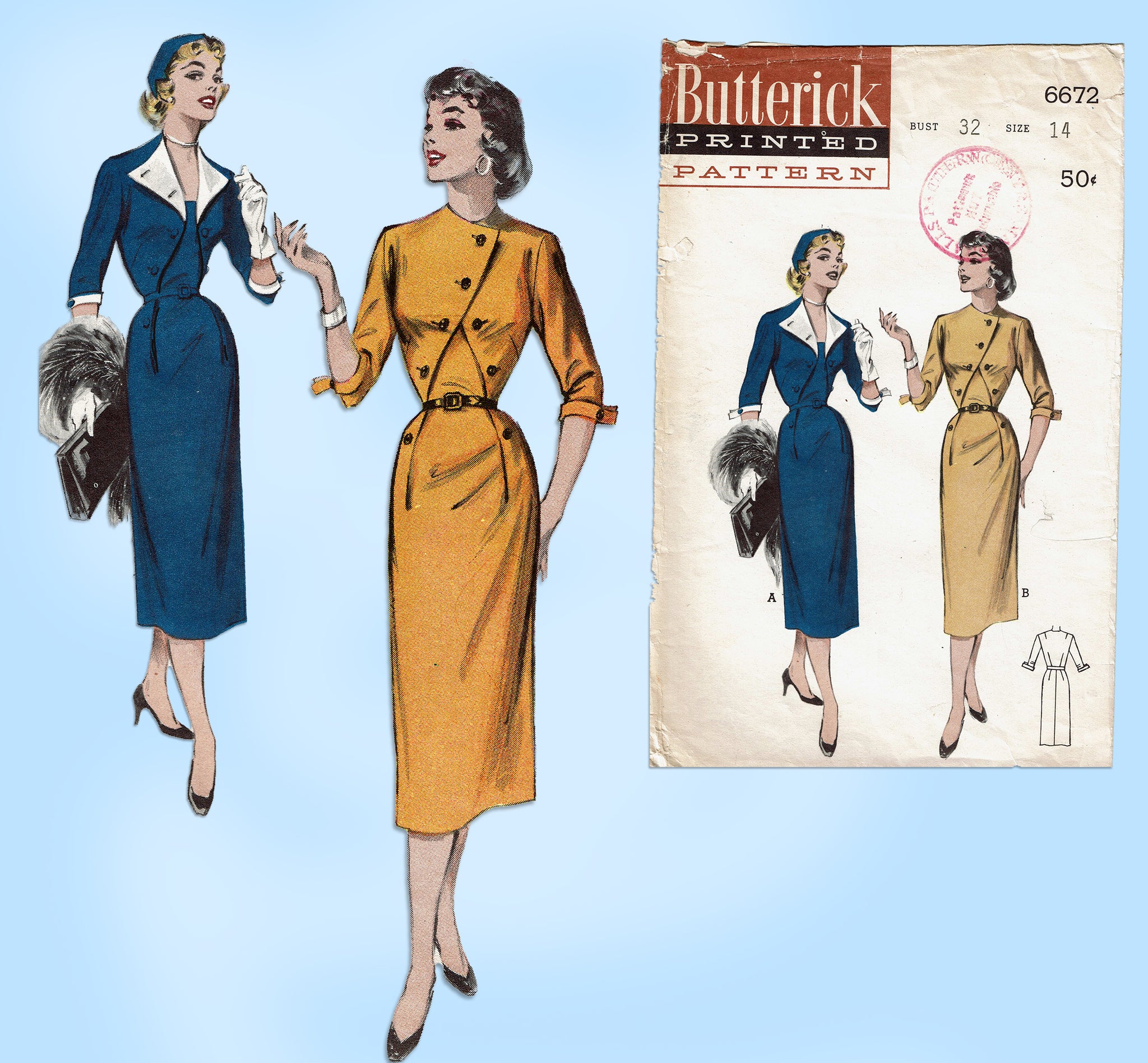 1950s Vintage Butterick Sewing Pattern 6672 Stunning Misses Dress