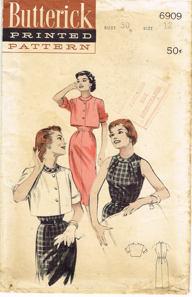 Butterick 6909: 1950s Rare MIsses Sun Dress & Topper 30 B Vintage Sewing Pattern