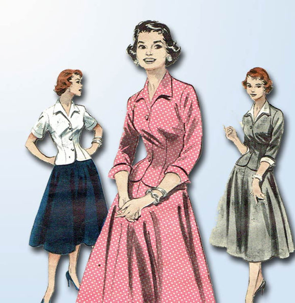 1950s Vintage Butterick Sewing Pattern 6923 Misses 2 PC Dress or Suit Size 30 B