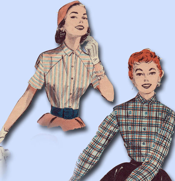 1950s Vintage Butterick Sewing Pattern 6985 Misses Shirtwaist Blouse Size 12 30B - Vintage4me2