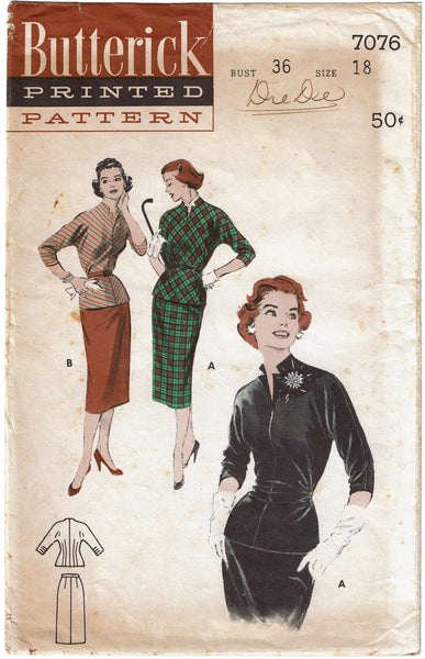 Butterick 7076: 1950s Uncut Misses 2 Piece Dress Sz 36 B Vintage Sewing Pattern