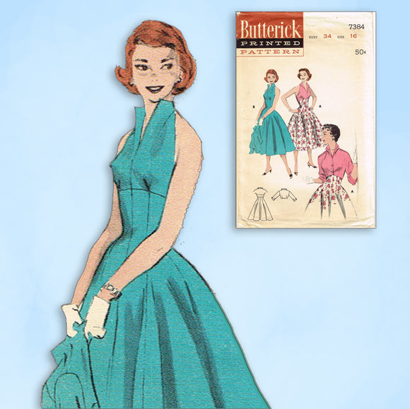 1950s Vintage Butterick Sewing Pattern 7384 Uncut Misses Halter Sun Dress Sz 34B