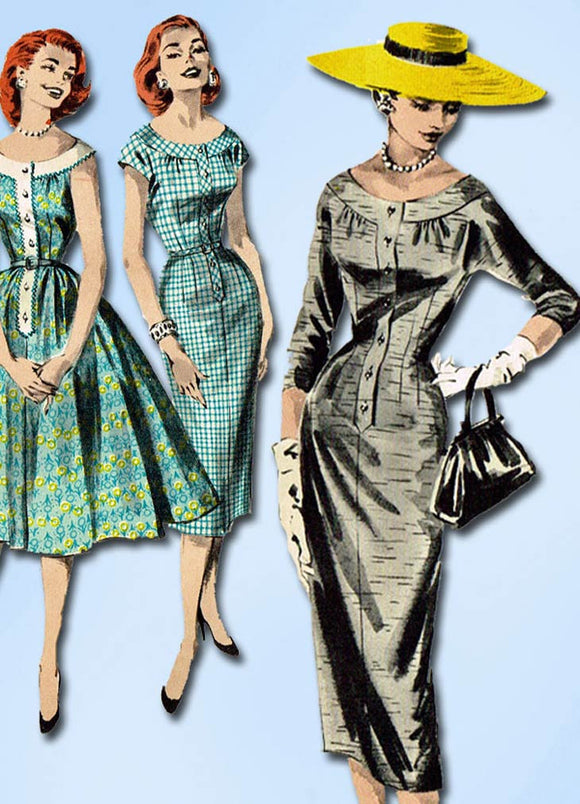 1950s Vintage Butterick Sewing Pattern 8058 Misses Scoop Yoked Dress Size 12 32B