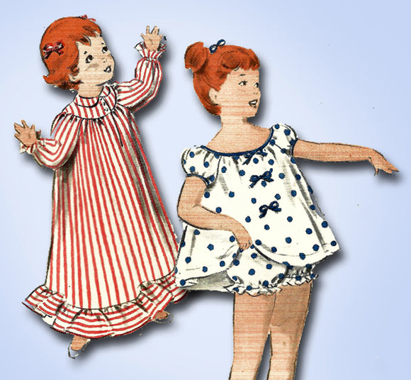 1950s Vintage Butterick Sewing Pattern 8247 Toddler Girls Shortie Pajamas Size 3