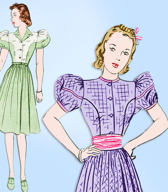 1930s Vintage Butterick Sewing Pattern 8490 Uncut Misses Puff Sleeve Dress 33 B