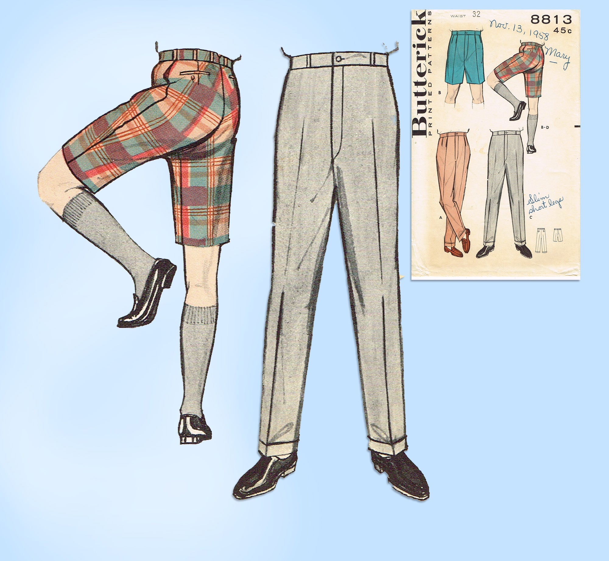 Vintage 1950's Sewing Pattern: Mens Pants Slacks Trousers Shorts  Multi-sizes 