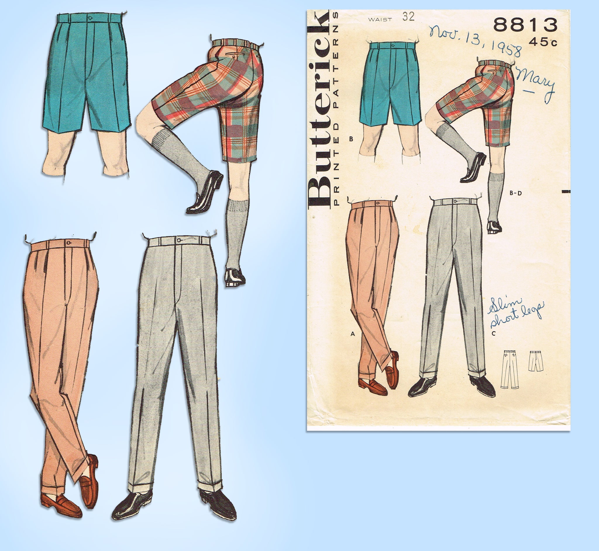 1950s Vintage Butterick Pattern 8813 Rare Men s Slacks or Trousers