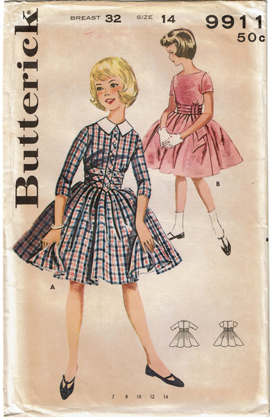 1960s Vintage Butterick Sewing Pattern 9911 Uncut Teen Girls Party Dress Sz14