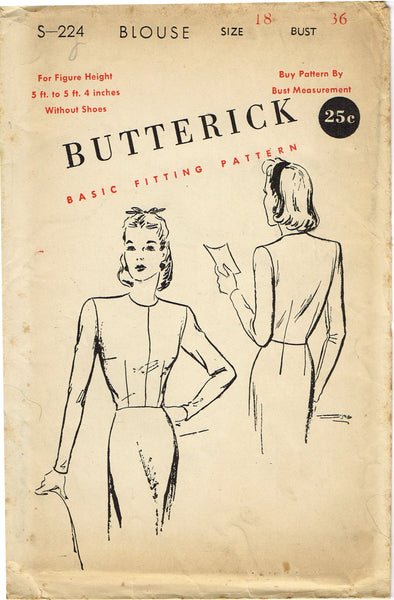 Butterick S-224: 1940s Vintage Uncut Misses Blouse 36B Basic Fitting Sewing Pattern
