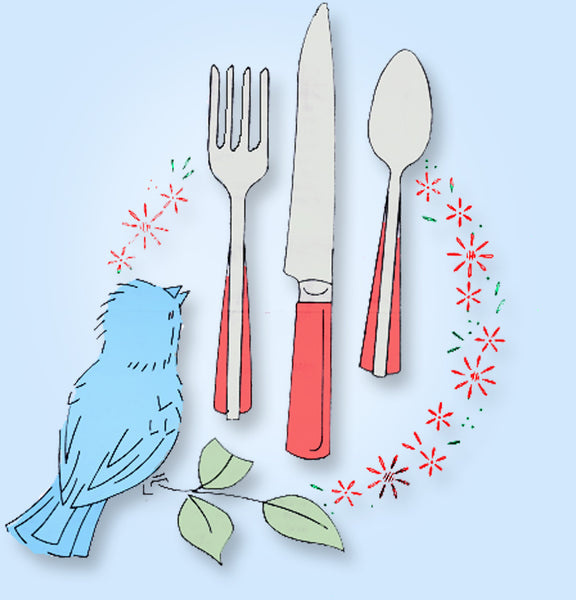 1950s Vintage Design Mail Order Embroidery Transfer 524 Bird & Dishes Tea Towels - Vintage4me2