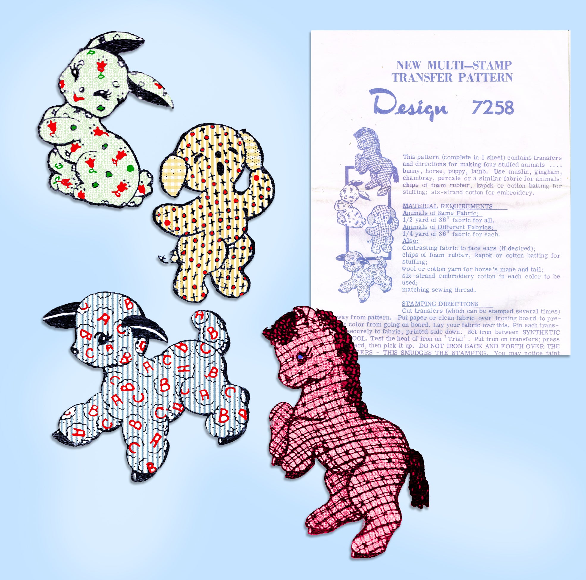 Transfer Pattern Set 1950s Vintage Design Transfer Pattern 7258 Cute Uncut Stuffed Animal S ...